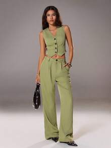 TRNVIE 春/夏季休閒條紋背心和長褲西裝套裝 - 綠色 - 查看 3