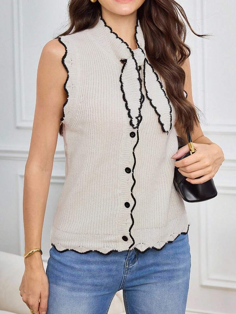 Top tricoté sans manches à col contrasté et nœud papillon, style décontracté, peut être superposé, nouveau style automne pour femmes. Convient aux enseignantes, aux sorties, aux pulls sans manches pour femmes.