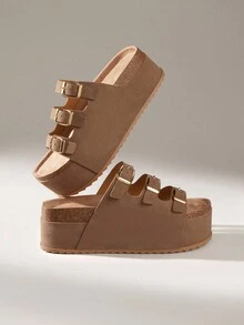 Solecia 女士动物印花双扣铆钉设计圆头平底厚底户外度假休闲甜美可爱派对约会下午茶一脚蹬厚底坡跟凉鞋 - 摩卡棕 - 查看 3