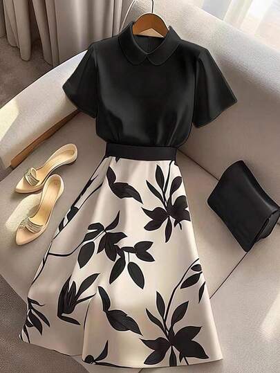 Franclia French Chic Stylish Youthful Solid Color Top & Printed Skirt Set, Summer Dress