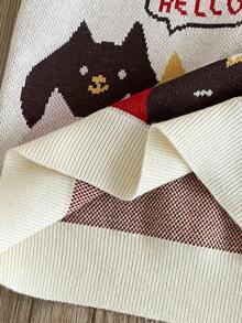 SHEIN Young Girl Casual Cute Cartoon Cat Pattern Crew Neck Sweater, Autumn/Winter - Multicolor - View 6