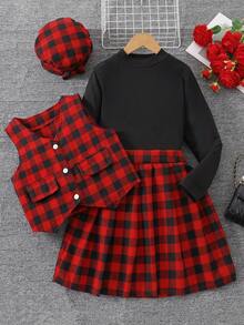 Sparklyn Áo khoác vest không tay kẻ caro đỏ đen cổ điển cho bé gái, kết hợp với áo cổ lọ tay dài và chân váy cạp chun, bộ 3 món - Đỏ - Xem 1