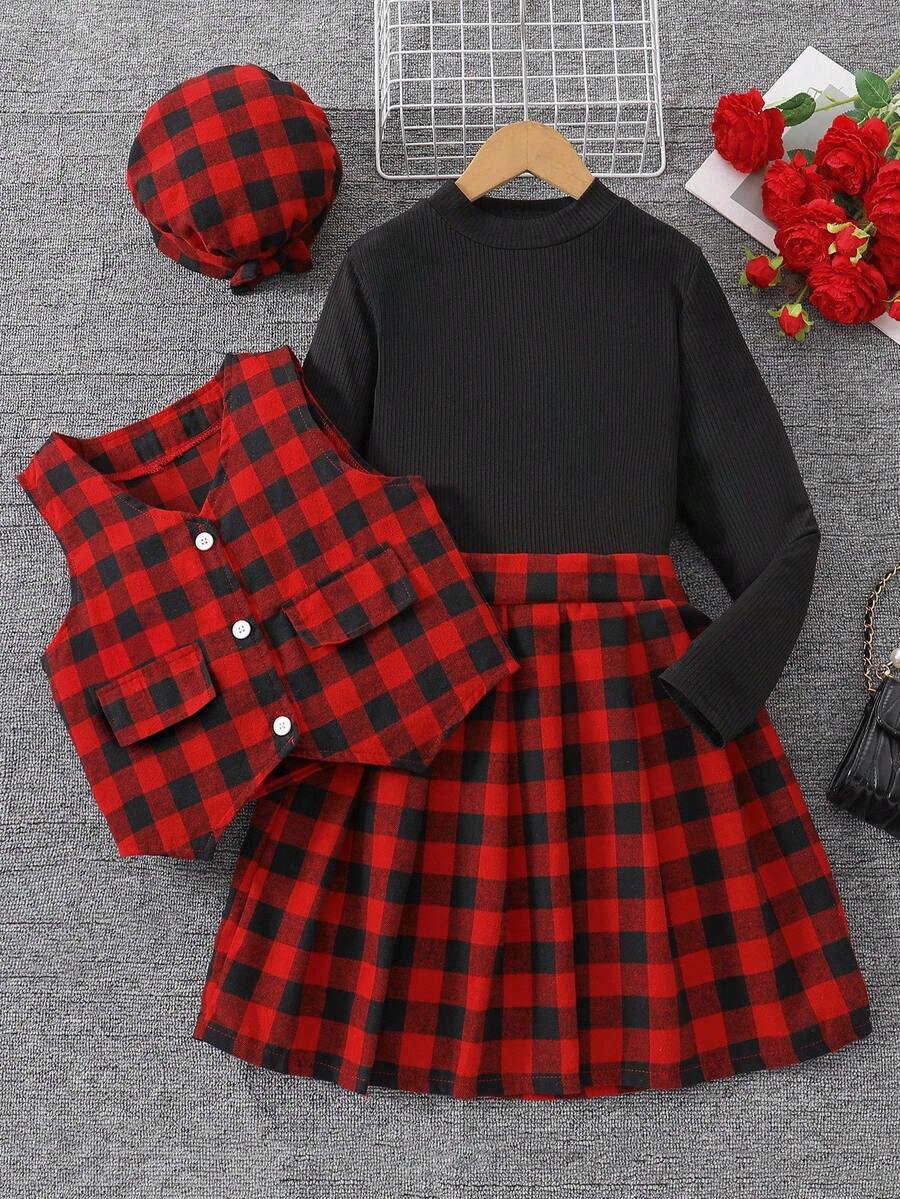 Sparklyn Áo khoác vest không tay kẻ caro đỏ đen cổ điển cho bé gái, kết hợp với áo cổ lọ tay dài và chân váy cạp chun, bộ 3 món - Đỏ - Xem 1