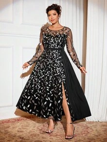 Cravure 大码女式优雅圆领亮片缀饰长袖连衣裙 - 黑色 - 查看 3