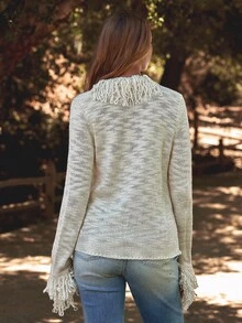 WESTFADE Cárdigan de punto con flecos de manga larga para otoño, invierno, uso casual, estilo bohemio, western para mujeres, lindo, para conciertos country - Beis - Ver 2