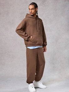 DAZY Conjunto de chándal con cordón en la cintura y forro térmico de color marrón sólido para hombres, otoño/invierno