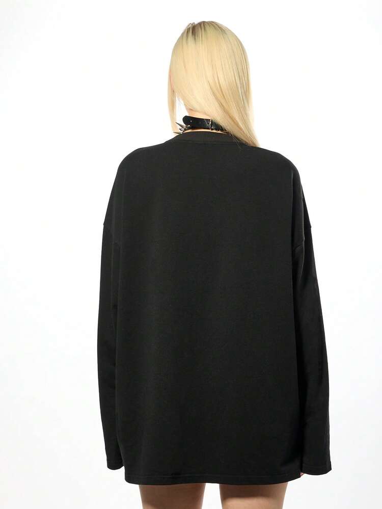 SUMWON WOMEN Felpa oversize in cotone a maniche lunghe con stampa della gabbia toracica dello scheletro, top gotico da dichiarazione per Ognissanti