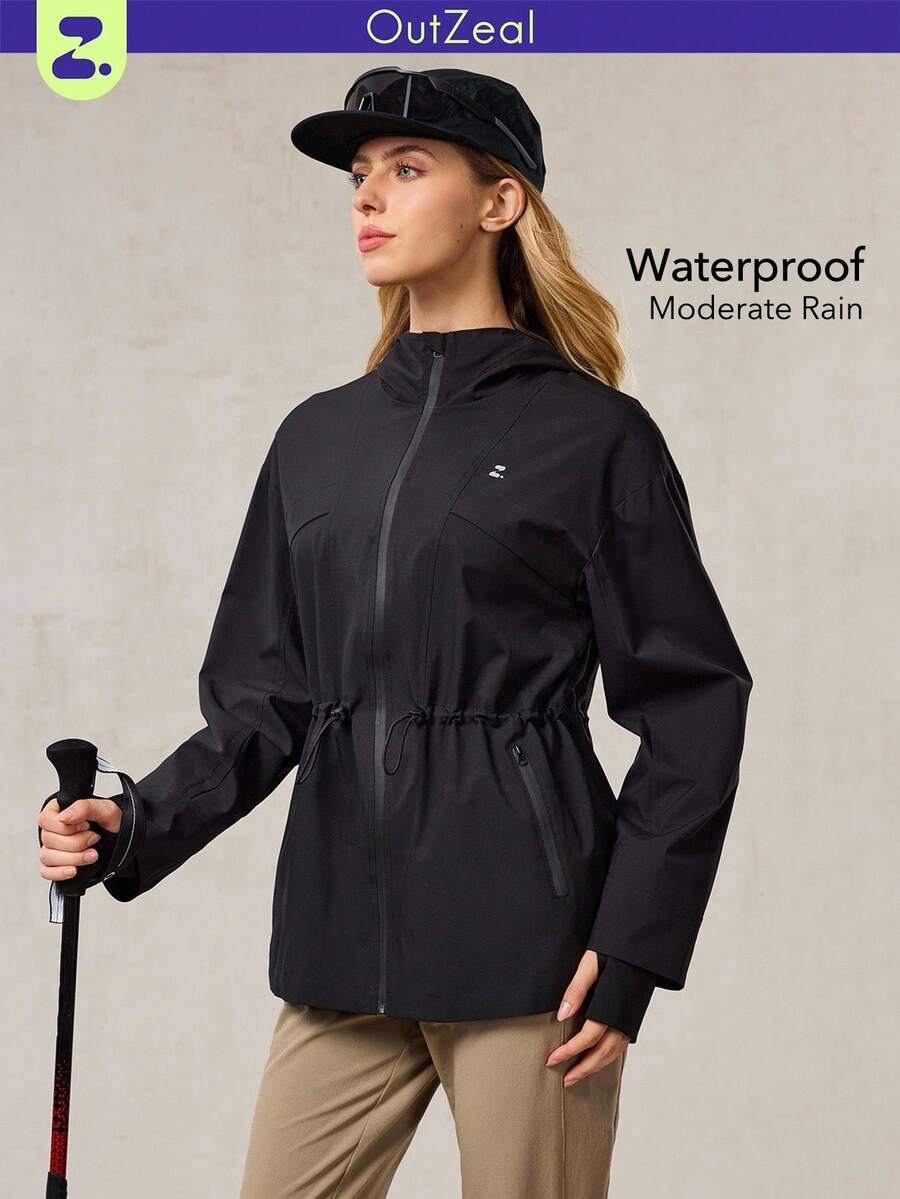OutZeal Women Water-Resistant Windproof Drawstring Waist Zip Pocket Thumbhole Black Outdoor Shell Jacket Hiking Camping Fall Winter - Black - View 1