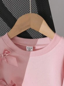 Young Girl' Pink 3D Bow Crew Neck Fleece Sweatshirt T-Shirt, Autumn/Winter - Pink - View 6