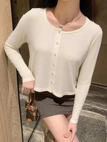 DAZY Damska prosta, jednorzędowa, luźna, jednorzędowa, z długim rękawem i okrągłym dekoltem, luźna, swobodna koszulka kardigan na jesień - Morela - Zobacz 3