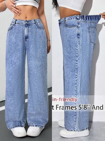 SHEIN Tall CURVE 女士加大码深蓝色宽松阔腿牛仔裤，夏季7月4日工作机场度假俱乐部高腰复古/冬季牛仔裤