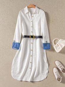 Rusticease Đầm dài cài nút phía trước họa tiết khối màu đơn giản dành cho nữ - trắng - Xem 3