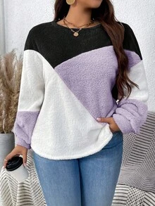 EMERY ROSE Plush Warm Color Block Crew Neck Plus Size Sweatshirt Winter Tops For Women Purple Sweater Pullover For Women Women Sweater Sweater Tops