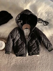 Chaqueta con capucha con cremallera, forro térmico, bolsillos laterales con cremallera, patrón de cuadros de diamante, para bebés niños y niñas, casual, versátil, suave y cómoda, adecuada para jugar en la nieve - Negro - Ver 5