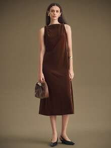 Ontre Elegant Brown Velvet Off Shoulder Twist Midi Dress, Sleeveless Straight Dress, Minimalist Style, Daily Wear, Business Commute, New 2025 Collection Brown Dress Modern Urban Casual Fashion Business Casual Women's Office Wear Low-Key Old Money Style Effortless Temperament High-End Urban Commuting High-Quality Airport Women's Wear High-End Material High-End, Elegant, Old-Fashioned Cruise Clothing Christmas Atmosphere Velvet Dress With Special Shoulder Design