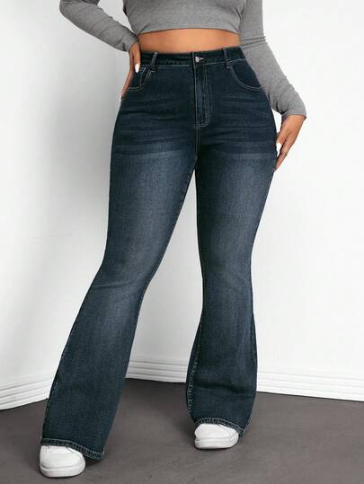 SHEIN EZwear Plus Size Casual Washed High Waist Slim Fit Flare Jeans