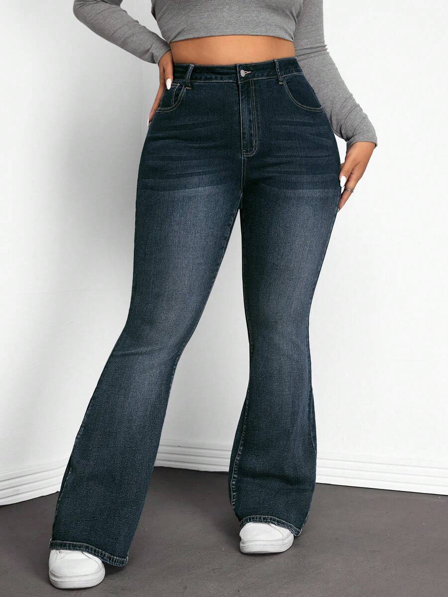 SHEIN EZwear Quần jeans ống loe cạp cao, dáng ôm, giặt thường ngày cỡ lớn - Màu xanh lam - Xem 1