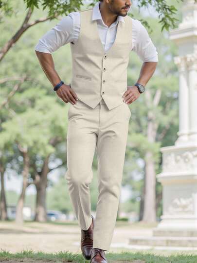 Manfinity Bizformal Men Business Formal Button Front Vest Suit Jacket And Tailored Pants And Men Vest Suit Clothing 2 Pieces Set