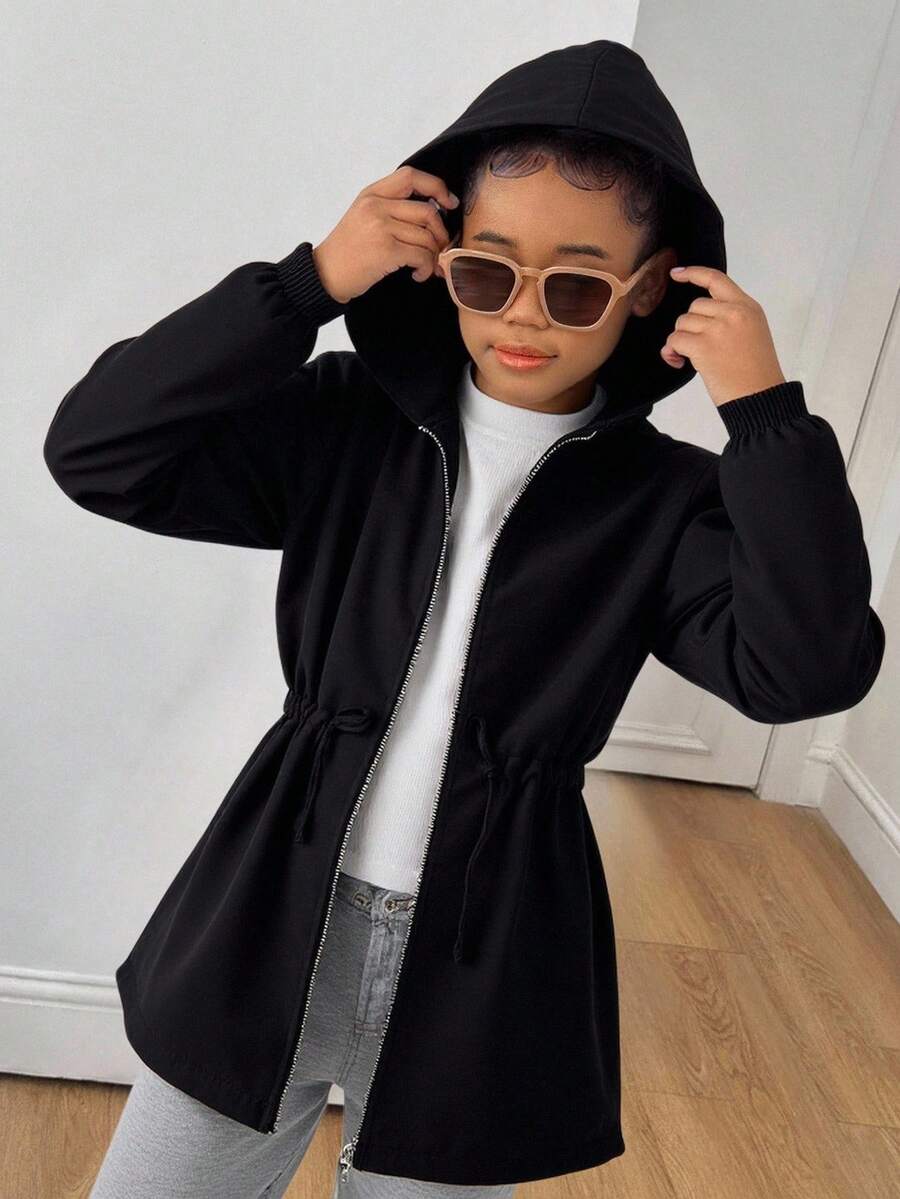 SHEIN Sparklyn Chaqueta informal a media pierna con cordón para niña preadolescente, diseño sencillo - Negro - Ver 1