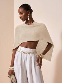 Zivah Sexig sjalponcho med mångsidig stickad kapelett, spaghettiband, v-ringad asymmetrisk axeldesign, semesterstil - Aprikos - Visa 6