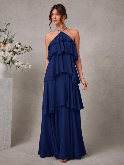 L'Amorae Elegant Romantic Wedding Guest Solid Halter Tiered Chiffon Maxi Dress