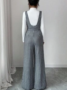 Elenzga Bộ đồ liền thân ống rộng có túi cài nút họa tiết răng sói thanh lịch + áo len cổ lọ 2 món dành cho nữ, mùa thu - Nhiều màu - Xem 2