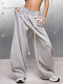 LYSMO 女式松紧腰口袋阔腿宽松休闲运动裤 - 淺灰色 - 查看 3