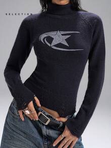 LYSMO SELECTION 2025 新款极简主义秋季女装高领五角星图案黑色插肩袖修身毛衣高领套头衫女式星星毛衣女式套头衫适合外出、返校、毕业典礼、街头服饰和哥特式万圣节装扮 - 藏蓝色 - 查看 7