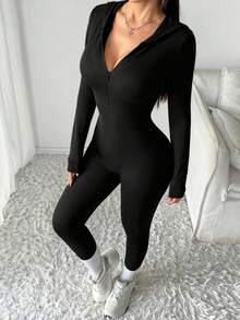 Islaluna European And American Fashion Casual Front Center Zipper Hooded Thickened Autumn And Winter Long-Sleeved Women's Elegant Black Jumpsuit New Year Jumpsuit