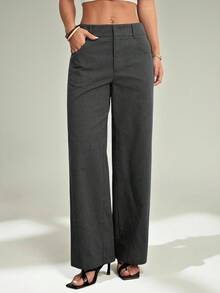 SHEIN PETITE 女士休闲时尚夏季度假条纹印花口袋宽松长裤，适合日常穿着 - 深灰色 - 查看 4