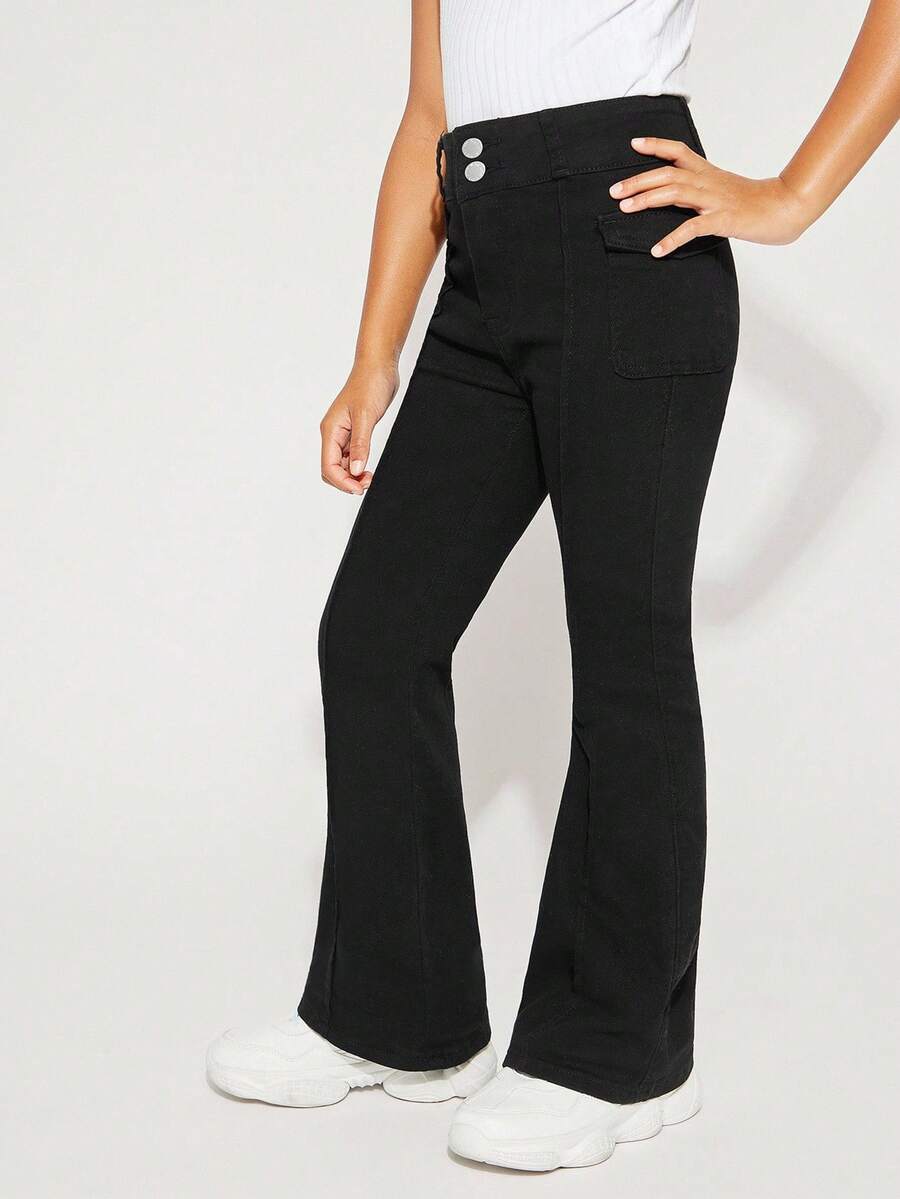 Radiana Tween Girl Y2K Fashion Retro Style Flap Detail Seam Detail Denim Flare Leg Jeans Pants, Girls Fall Clothes Back To School Outfits - Black - View 1