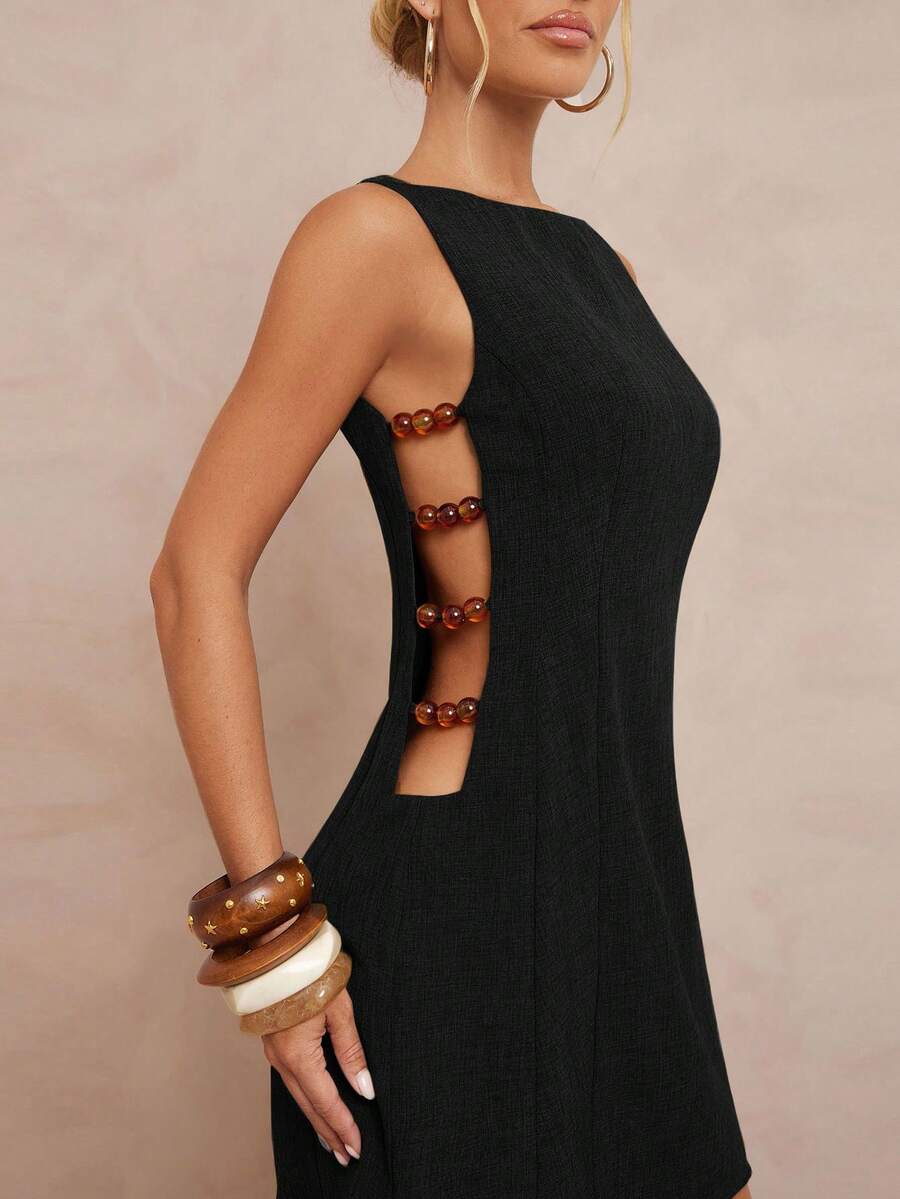 Lumalex Vestido mini de línea A con escote de barco sin mangas y cintura calada con cuentas para mujeres - Negro - Ver 1