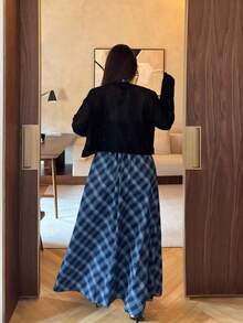 Vibekara Plus Size 2-Piece Set: V-Neck Sleeveless Maxi Dress + Stylish Long Sleeve Cardigan, Plaid Pattern, High-Quality Chic Outfit Low Cut Dress Long Sleeve Long Dress Plaid Dress Women Deep V Dress Plaid Two Piece Set