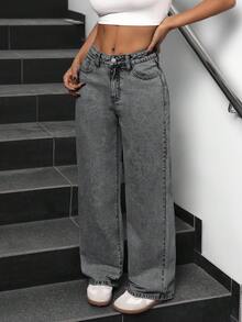 SHEIN PETITE 女士休闲直筒牛仔裤，带口袋 - 灰色 - 查看 4