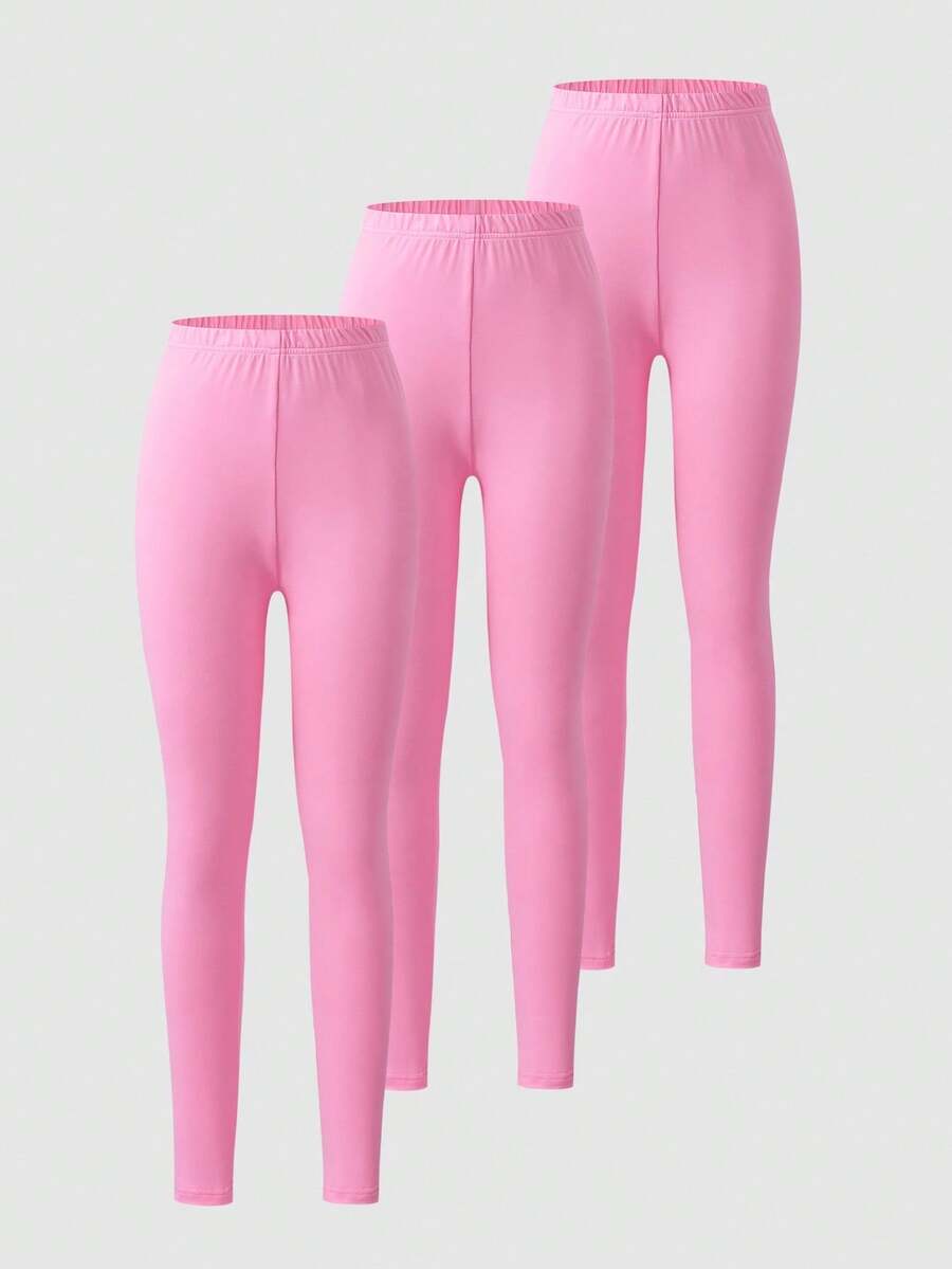3pcs Teen Girls Black Leggings Set (Spring/Autumn), Versatile Snug Fit Bottoms For Layering Or Pairing With Skirts Fall Winter - Pink - View 1
