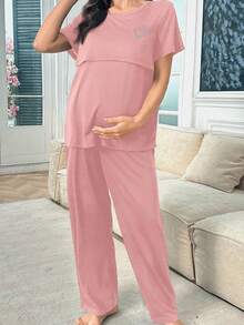 Moonlight & Mama Conjunto de pijama de maternidad de seda de leche con estampado de corazón de unicolor