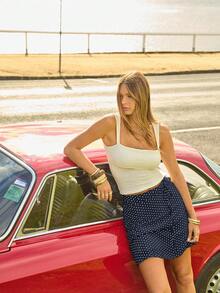 Aralina Winter/ Fall Stockholm Style Polka Dot Chiffon Drwstring Cinching Waistband A Line Midi Skirt Perfect For Vacation And Homecoming Graduation