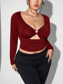 SHEIN ICON 加大码心形钻石装饰透明网眼拼接修身镂空长袖黑色T恤 - 酒紅色 - 查看 1
