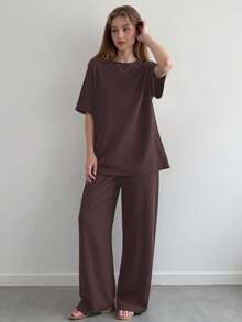 SHEIN Teen Girl Casual Loose Comfortable Solid Color Round Neck Short Sleeve T-Shirt And Pants Set - Brown - View 6