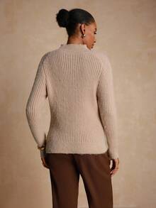 Lyxana New Fashionable Mixed Color Chic Versatile Handmade Knitted Fuzzy Sweater Top - Khaki - View 2