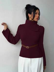 Selianne Khaki Elegant Flared Sleeve Niche Design Collar, Paired With Brown Metal Fashionable Belt, Women Sweater For Autumn/Winter - Burgundy - View 4