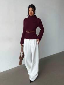 Selianne Khaki Elegant Flared Sleeve Niche Design Collar, Paired With Brown Metal Fashionable Belt, Women Sweater For Autumn/Winter - Burgundy - View 7