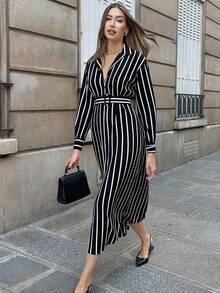 Pariaura 女士休闲通勤条纹前扣长袖连衣裙，秋季 - 黑色 - 查看 4