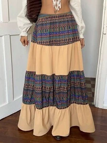Sunnyshic Beige,Summer,Boho,Picnic,Holiday Pattern Retro Print Patchwork Low Waist Layered Ruffle Hem A-Line Maxi Skirt,Vintage Elegant Hippie Long Skirt Women - Multicolor - View 3
