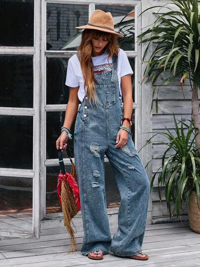 EMERY ROSE Women's Pocket Distressed Wide Leg Denim Jumpsuit