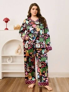 Chillnights Farbenfroher Karomuster & Sonnenmuster Satin Offene Front Top & Hose Pyjama Set in Große Größen, gemütlicher Outfit, Herbst Winter Kleidung