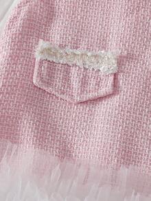 SHEIN Elladie kids 2 件套女婴秋冬校服套装，3 个月 - 3 岁，白色多层荷叶边网眼蛋糕裙连衣裙和粉色无袖高领罗纹针织上衣，舒适时尚 - 彩色 - 查看 5
