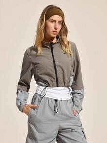 Exploreva Women Sports Jackets Wowen Y2K Zip-Up Loose Casual Jacket, Spring & Autumn, Fall Winter Jackets, Nylon Jackets, Sportswear, Daily Wear Jacket , Activewear, Sportwear, Tracksuit, Back To School, Retro Streetwear Streetstyle. Preppy, Blokecore, Reflective Jacket Sportswear Women Cropped Workout Jacket Cropped Windbreaker Cropped Zip Up Jacket - Grey - View 6