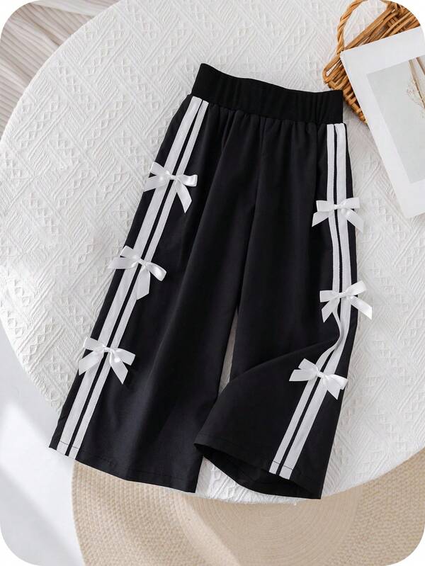 SHEIN Young Girl Versatile Casual Black Bow Elastic Waist Loose Pants