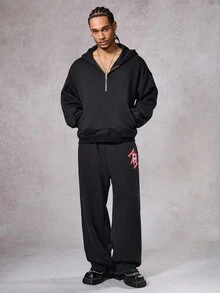 DAZY Conjunto de Moletom com Capuz Estampa de Letra Gótica Estilo de Rua Preto, Outono/Inverno para Homens - Preto - Visão 3